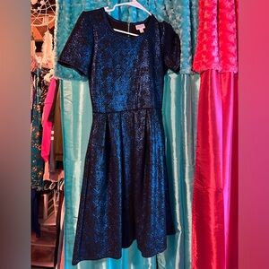 blue metallic cocktail dress
